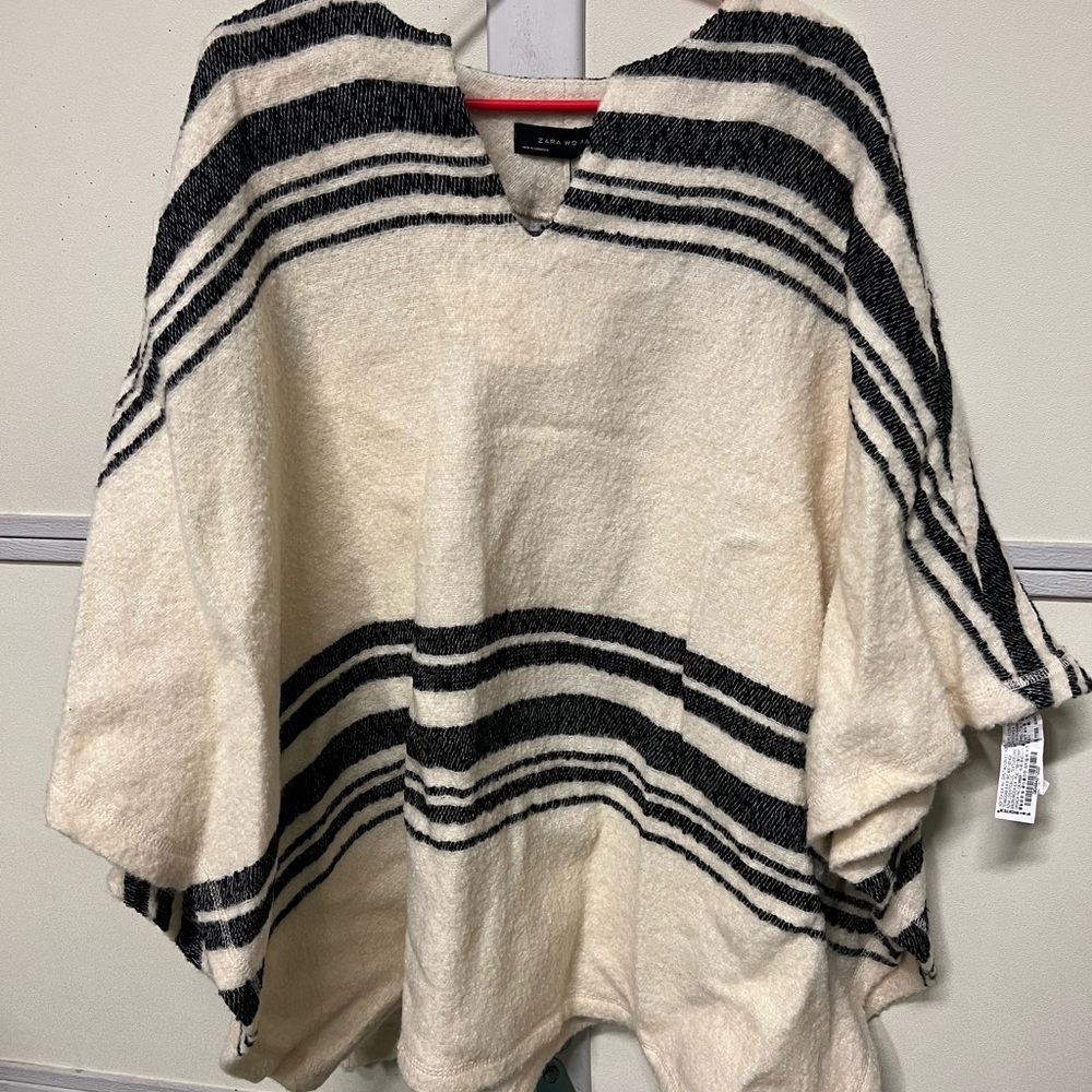 Zara Cream and Black Striped V-Neck Poncho Sweater